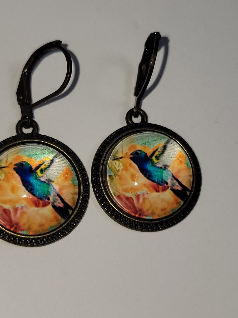 Bird-Themed Hummingbird Drop Earrings – Blue & Orange